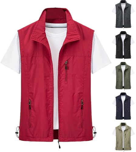 Mens Outdoor Mesh Vest, Thin Sleeveless Multi Pocket Gilet, Loose Fit Casual Waistcoat, Lightweight Zip Up Outerwear, Breathable Leisure Sleeveless Vest for Travel Hiking
