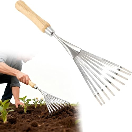Râteau à main en acier inoxydable pour jardinage, mini râteau de jardin de 38,1 cm, 9 lames en acier inoxydable, éventail à main, râteau à feuilles, râteau à gazon et fumier de cheval professionnel