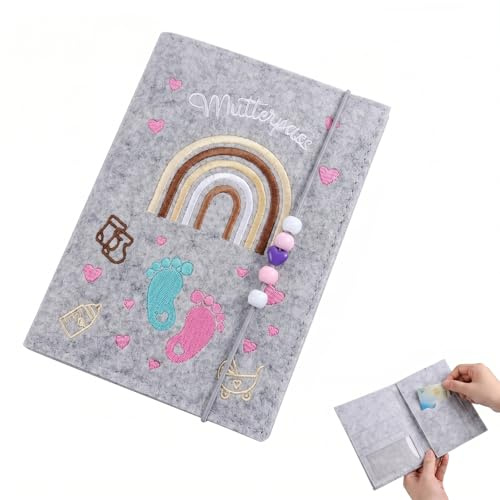 MYZWEL Portadocumenti Gravidanza in Feltro Grigio con Impronta Arcobaleno, Custodia per Libretto Maternità, Ecografie e Documenti Sanitari, Idea Regalo Futura Mamma