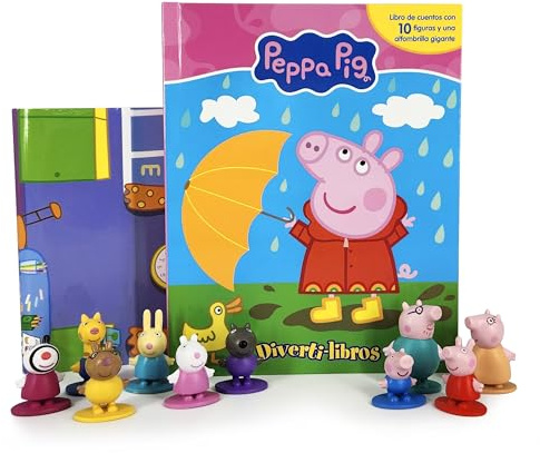 Peppa Pig Diverti-Libros - Libro infantil de cuentos, 10 figuras, 1 alfombra de juego