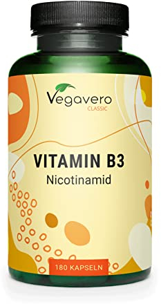 Vitamin B3 Niacin | Hochdosiert: 500 mg Nicotinamid | 180 Kapseln - 6 Monatsvorrat | Haut - Nerven - Energie* | Flushfree | Laborgeprüft | Vegan - Ohne Zusatzstoffe | Deutsche Produktion von Vegavero