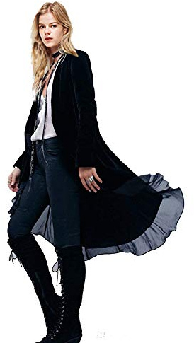 Women Ruffled Asymmetric Long Velvet Blazers Coat Casual Jackets(black,XL)