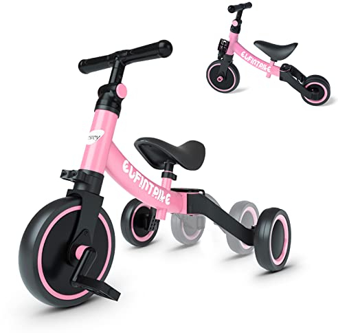 besrey 5 in 1 Toddler Bike for 10 Month to 4 Years Old Kids, Toddler Tricycle Kids Trikes Tricycle, Gift & Toys for Boy & Girl, Balance Training, Removable Pedals - Pink