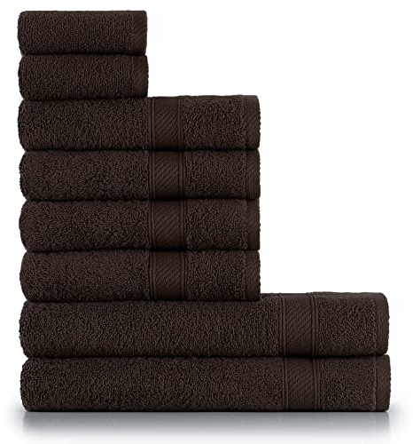 nottoc Handtücher Set Braun Dunklebraun 8-TLG / 2 Badetücher 70x140 + 4 Handtücher 50x90 + 2 Gästehandtücher 30x50 - Handtuch mit Aufhänger 100% Baumwolle Saugfähige Weiche - Schokoladenbraun