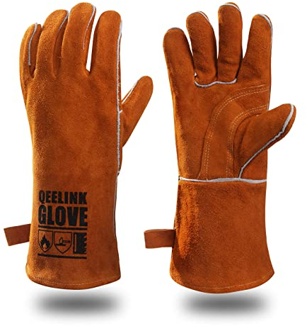 QeeLink Guanti per saldatura, resistenti al calore e all'usura, foderati, in pelle, resistenti al fuoco, per saldatori, caminetti, barbecue, giardinaggio