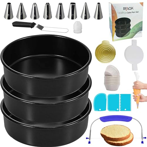RFAQK 133PCs Round Cake Tins for Baking | Baking Tins Non Stick - 8 inch Cake Tin (x3) with Baking Accessories, Piping Nozzles, Cake Leveler, Icing Spatula, 35 Parchment Papers & eBook