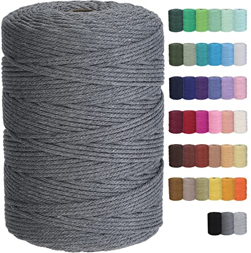 GOHOF Macrame Cord 3mm x 328yards Natural Cotton Rope - Soft Colored Cord for Plant Hanger, Wall Hanger, Dreamcatcher Craft Supplies (Dark Grey)