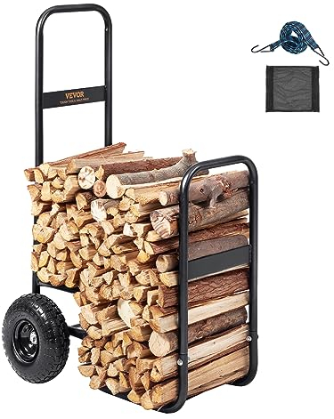 VEVOR Carro de Transporte de Troncos de Leña Carga 113,4kg Carro para Leños de Acero 67x52x110cm Almacenamiento de Leños con Ruedas de Goma Inflables Soporte para Leños Exterior para Chimenea, Negro