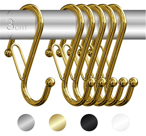 Blau Marité 6 Stück S Haken Groß für Stangen bis 3 cm Durchmesser – S Haken zum Einhängen Groß mit Sicherheitsschnalle – Haken für Kleiderstange & Garderobenstange – Metallhaken für Lagerung – Gold