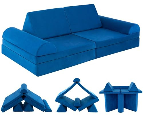 Maxmass Modular Kids Sofa Bed, Convertible Children Play Couch with Machine Washable Suede Cover, Toddler Soft Foam Playset Fold Out Sofa Chair for Kids Room Living Room Nursery (6PCS, Blue)