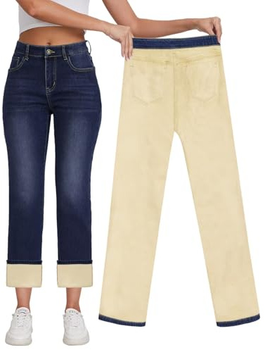 KDF Fleece Lined Jeans Women Flannel Lined Jeans Straight Leg Jeans for Women Winter Fleece Lined Pants Navy Blue Size 4