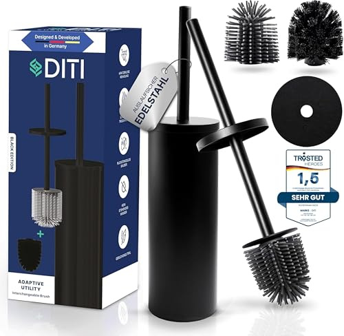 DITI® Klobürste Edelstahl Silikon, rostfrei - WC Bürste schwarz - Toilettenbürste mit Halter, 2 Bürstenköpfe, Spritzschutz - Antibakterielle, Hygienische Klobesen mit langem Griff