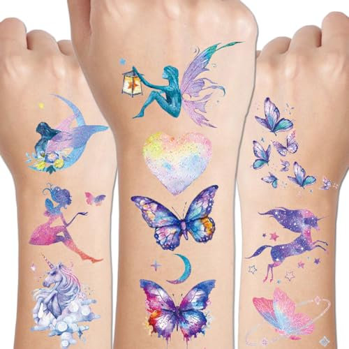 CHARLENT Tatuaggi Temporanei Glitter per Bambine e Donne - 110 Stili Glitter con Farfalle, Luna, Fate, Unicorni e Sirene per Bomboniere e Trucco da Festa