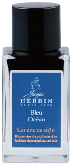 Jacques Herbin 16018JT - A bottle of gold glitter ink for fountain pen, rollerball, glass nib and penholder 15 ml, Bleu Ocean/ Ocean Blue - Calligraphy