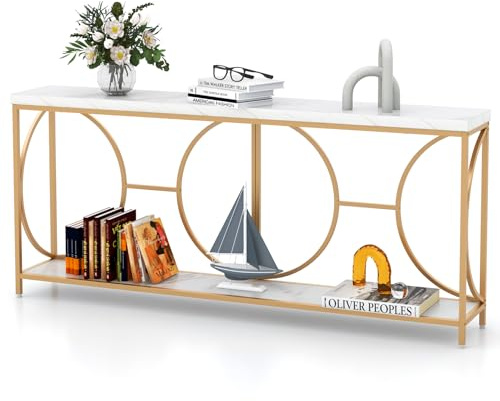 LIFEZEAL Konsolentisch 180 cm, Flurtisch mit 2 Ebenen, Schmaler Eingangstisch Wohnzimmertisch mit Metallgestell, Beistelltisch für Flur, Wohnzimmer (Weiß + Gold)