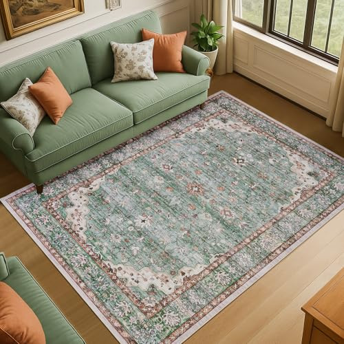Topfinel Alfombra Vintage Verde 160x230 cm, Alfombra de Pelo Corto Estilo Boho, Lavable, Antideslizante, Suave, para Dormitorio, Salón, Comedor, Oficina