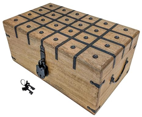 Aiden Asher Handmade Pirate Treasure Chest - Rustic Decorative Jewelry - Wooden Storage Box with Iron Lock & Skeleton Key