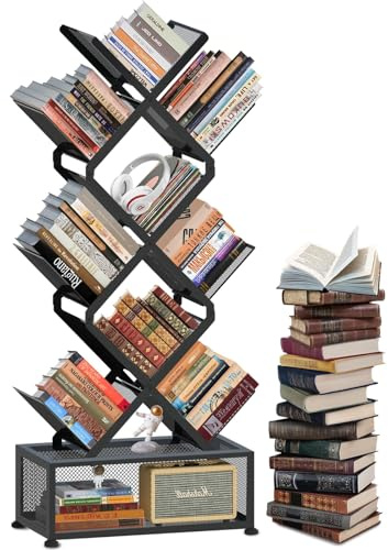HI NINGER Book Shelf, 9-Tier Tree Bookcases Free Standing, Folding Corner Bookshelf with Storage for Placing Books, Magazines, CDS in Living Room, Home, Office(Black)