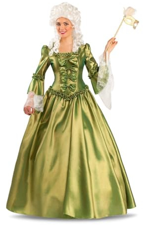 My Other Me - Disfraz Mujer Versalles, talla XL. Incluye vestido largo verde de tela sedosa con brillo, detalles de lazos y fruncidos, cremallera, mangas acampanadas con encaje blanco, y enagua.
