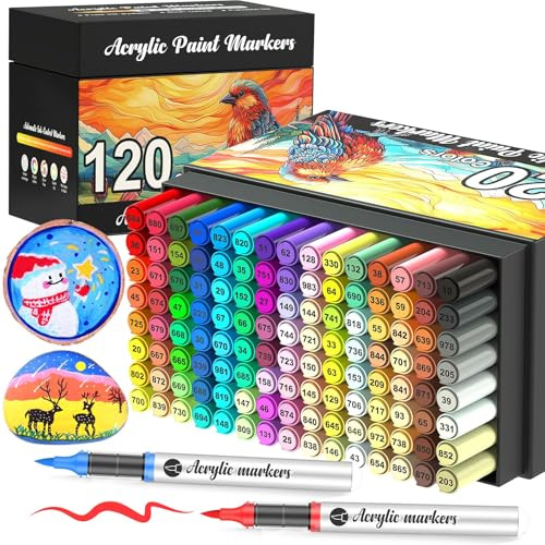 Vozuna 120 Acrylstifte Set Wasserfest – Acrylmarker mit Pinselspitze zum Steine Bemalen, für Glas, Porzellan, Holz, Leinwand, Keramik, Stoff & Papier – Schnelltrocknend, Deckend, für Erwachsene & DIY