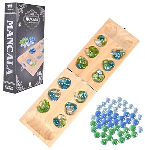 Elbow Room Games Mancala Set, Folding Wooden Board with 48 Glass Stones in Blue, Green, and White, Portable Travel Design, Classic Strategy Game for 2 Players