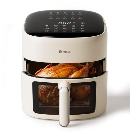 SIMPLUS Air Fryer 6.5L, Friteuse à Air Chaud Fenetre Visible, Airfryer 1500W, 10-en-1 Friteuse Sans Huile Commande Tactile, Réglable 80-200°C, 90% de Matières Grasses en Moins, Nettoyage Facile, Beige