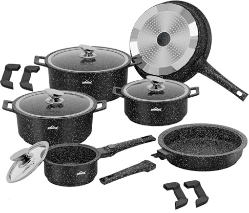 HOMELUX Set med 10 kastruller och stekpannor för induktion med avtagbart handtag, stekpanna 24/28 cm, mjölkkastrull 16 cm, kastrull 20/24/28 cm, stapelbara för alla typer av spisar, ugnsäkra, svart