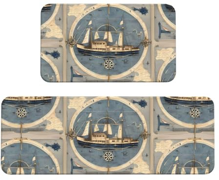 Nautical Sailboat Map Print Kitchen Rugs Set of 2, Cushioned Anti-Fatigue Kitchen Mats for Floor, Waterproof Comfort Standing Mat Absorbent Velvet Kitchen Runner Rugs 17x30+17x47