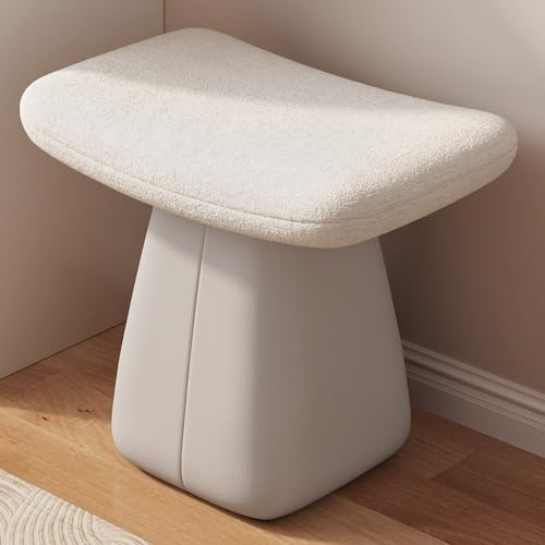 Miuuod Modern Vanity Stool with Saddle Cushion, Soft Padded Foot Stool for Makeup, Bedroom, Living Room, Under Desk, Cream White Multifunctional Vanity Chair, Boucle Upholstered Ottoman