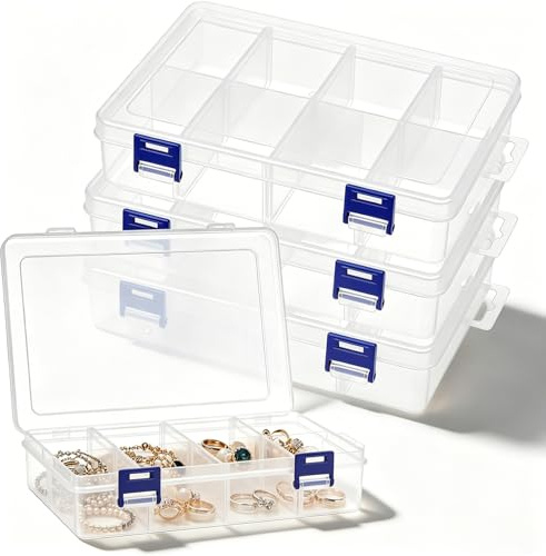 NEUSID 4 Stück Sortierboxen für Kleinteile, Aufbewahrungsbox mit 8 Fächern Einstellbar Sortierbox Klein Transparentes Design mit Schnalle Kleinteilebox für Zubehör Perlen Schrauben