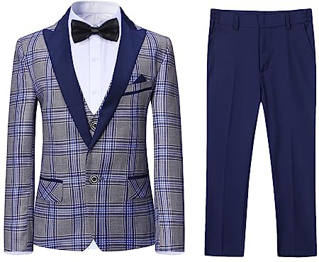 SWOTGdoby Boys Plaid Tuxedo Suit 3 Pieces Formal Suit Set Slim Fit Blazer Pants Vest Ring Bearer Outfit for Boy Gray