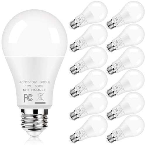 12-Pack A19 LED Light Bulbs 100W Equivalent Bulbs, Super Bright 1500 Lumens 13W 5000K Daylight White Bulbs with Standard E26 Medium Base, CRI85+, No Flicker Non-Dimmable Energy Saving Bulbs for Lamp