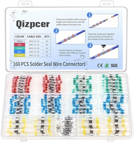 160 Pcs Solder Seal Wire Connectors Kit, Electrical Connectors Heat Shrink Wire Connectors Waterproof Electrical Cable Butt Terminals for Marine Automotive Trailer RV Boat Truck Wiring