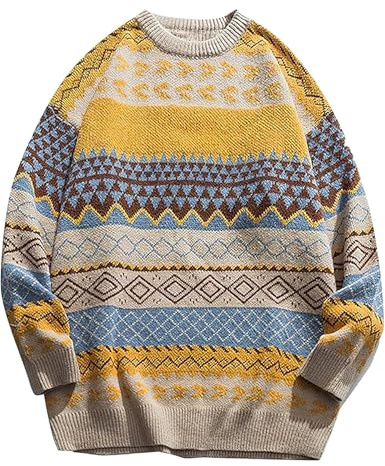 PEHMEA Men's Vintage Striped Sweater Oversized Crewneck Long Sleeve Knitted Pullover Jumper(Yellow-M)