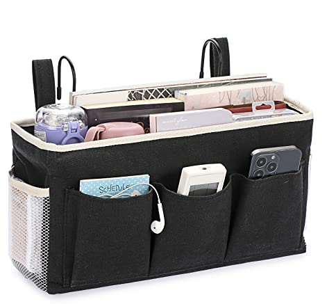SUMTree Organizer da comodino sospeso 6 tasche borsa portaoggetti da comodino impermeabile cestino da letto nastro adesivo magico e gancio per rivista, telefono, penne, telecomando (nero)