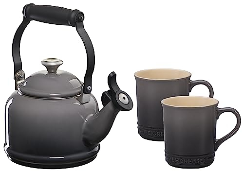 Le Creuset ST00228000444002 EOS Stoneware, 1.25 qt. Kettle & (2) 14 oz. Mugs Tea, Carbon Steel, Oyster