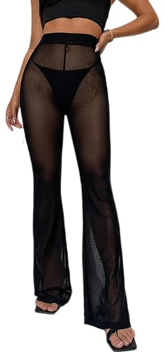 Odizli Pantalones sexy de malla transparente para mujer, cintura alta, con purpurina, ropa de calle, Negro-B., M