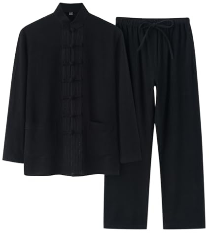 Oanviso Completi Uomo Tuta Cotone e Lino Completi Due Pezzi Pantaloni Camicia Henley Stile Cinese Tute da Jogging Leggero Tuta di 2 Pezzi Maniche Lunghe Set Retro Casual Suits Kung Fu A Nero M