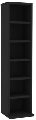 CD Regal, Massivholz Standregal, CD-Aufbewahrung 6 offenen Fächern Bücherregal, Medienregal，Dekoregal für Wohnzimmer Schwarz 21x20x88 cm