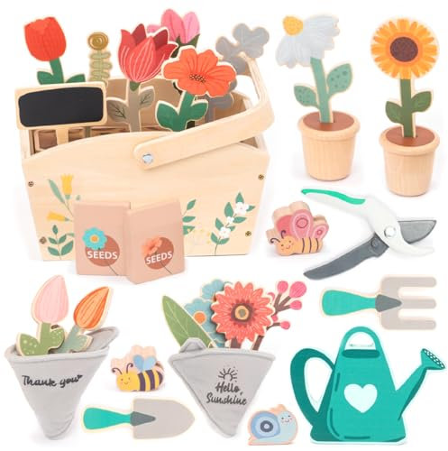 umu® Ensemble de jardin en bois pour enfants avec accessoires - Jouet de jardin pour enfants - Ensemble d'outils de jardin pour filles et garçons - Arrosoir, pelle, râteau - Jouet éducatif à partir de