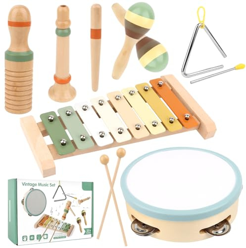 Strumenti Musicali Bambini, 6 in 1 Giochi Legno Montessori Sensoriale, Strumenti Musicali Percussioni in Legno - Tambourine Percussioni per Bambini con Tamburo, Xylophone , 3 4 5 6 Anni