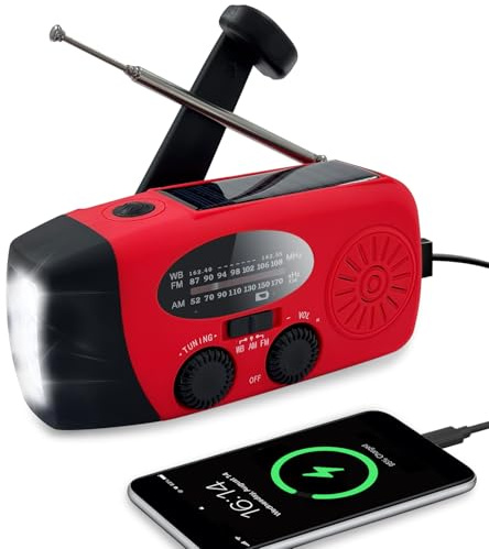 Radio Solar de Emergencia con Manivela, Portátil Am/FM NOAA Radio Recargable, Radio Dinamo con Linterna LED, 2000mAh Phone Charger, SOS Alarma y USB, Kit de Supervivencia para Camping
