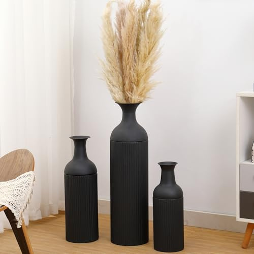 KAYLETIN Tall Floor Vases Set of 3, Large Ribbed Floor Vases, Tall Flower Vase, Black Metal Vase for Living Room, Entryway, Office, Dining, Bedroom, Fireplace, Home Corner