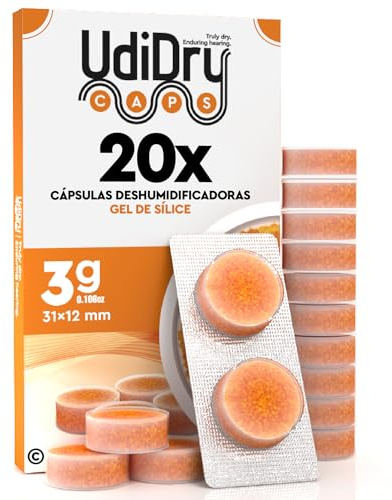 20 Capsule Essiccanti per Apparecchi Acustici UdiDry Caps 3g 31mm con Gel di Silice - Capsule Deumidificanti di Alta Qualità con Indicatore di Colore per Contenitori di Asciugatura