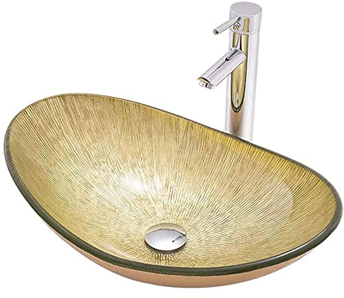 PUFAHAU Set di Lavandini in Vetro Temperato con Rubinetto E Scarico A Scomparsa, Lavabo da Appoggio, Stile Barca