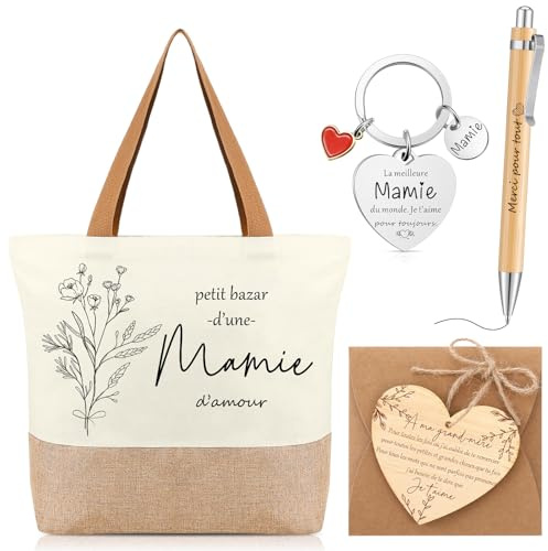 Clabby Cadeau Mamie Sac en Coton pour Grand-Mère Merci pour le Cadeau Contient Porte-Clés Étiquette en Bois de Remerciement Stylo à Bille Enveloppe Noël Nouvelle Année Anniversaire Fête des Mères