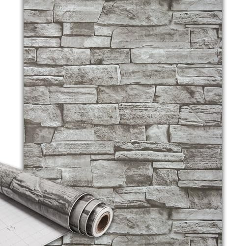 Qenlup Self Adhesive Brick Wallpaper 44.5x1000cm Stone Contact Paper, Grey