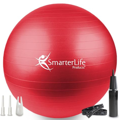 SmarterLife Exercise Ball, Yoga Ball for Fitness, Balance, Stability, or Pregnancy, Gym Ball for Core Workout, Physical Therapy, Yoga Ball Chair for Office, Anti-Slip Anti-Burst (45 cm, Red)