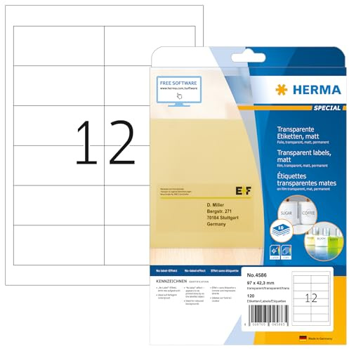 HERMA Etichette per Indirizzi, 97 x 42,3 mm, 120 Etichette A4 Adesive Opache, Trasparente, Ideali per Stampanti Laser e Fotocopiatrici