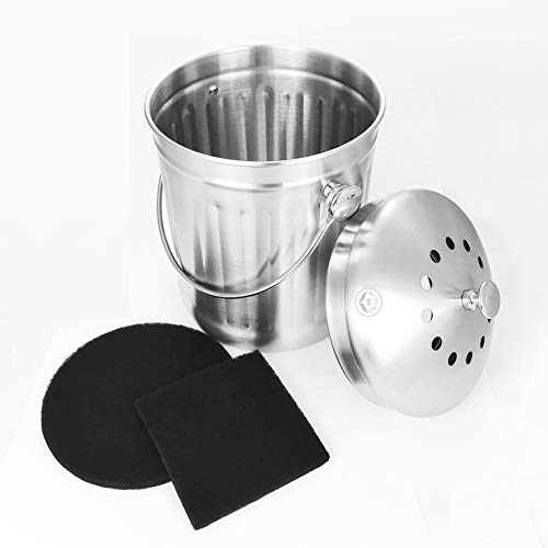 NewlineNY Poubelle à Compost d'intérieur en Acier Inoxydable pour comptoir de Cuisine, Seau de Recyclage de 5 litres avec 2 filtres à Charbon